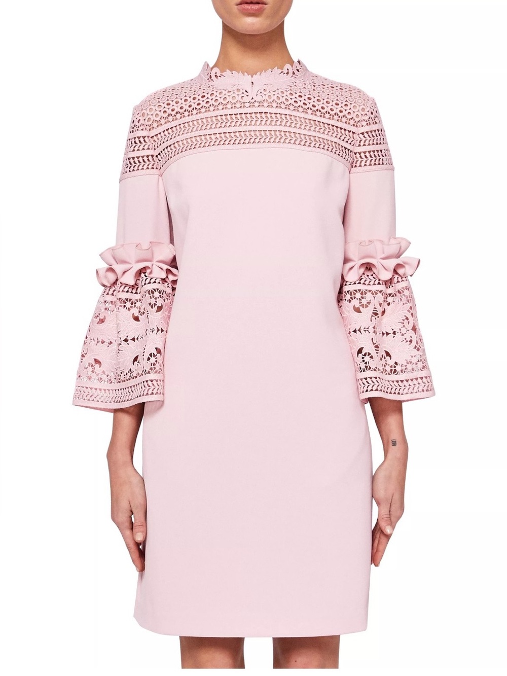 NWT- Ted Baker Dusty Pink Lace Bell Sleeve Dress
Size 3 (US 8) / Retail $439